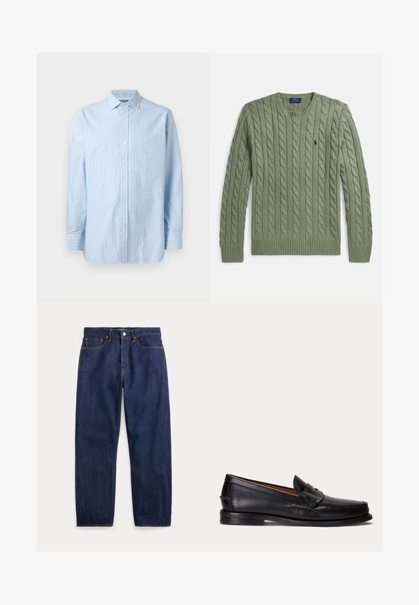 Suéter verde de punto grueso con cuello redondo, puños y dobladillo acanalados, y un pequeño logo bordado en el pecho. Textura y peso medio.; Camisa de manga larga azul claro con rayas verticales blancas, cuello con botones y cierres de botón en el frente. Tejido de algodón texturizado.; Vaqueros de mezclilla azul oscuro con perneras rectas, cinco bolsillos, cierre de botones y costuras visibles.; Mocasín negro de cuero con tacón bajo y detalle de correa para moneda, mostrado de lado sobre un fondo gris claro.