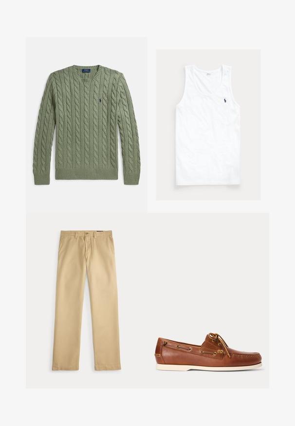 Suéter verde de punto grueso con cuello redondo, puños y dobladillo acanalados, y un pequeño logo bordado en el pecho. Textura y peso medio.; Camiseta blanca sin mangas con cuello redondo y pequeño logo de caballo de Polo Ralph Lauren en azul marino en el pecho izquierdo.; Pantalones beige de pierna recta con trabillas para cinturón, bolsillos laterales y una cintura abotonada sobre fondo blanco.; Zapato náutico de cuero marrón con suela blanca, cordones atados en la parte superior y ojales metálicos a lo largo de los lados y la costura delantera.