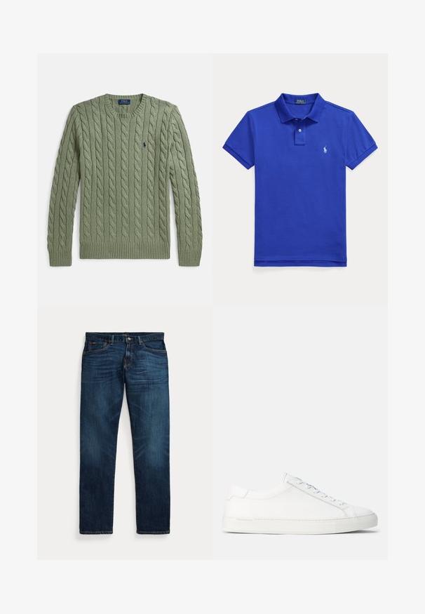 Grüner Strickpullover mit Zopfmuster, Rundhalsausschnitt, gerippten Bündchen und Saum sowie einem kleinen, gestickten Logo auf der Brust. Texturiert und mittleres Gewicht.; Blaues Poloshirt mit kurzen Ärmeln, Kragen, Zweiknopfleiste und kleinem gesticktem Logo auf der linken Brust.; Dunkelblaue Jeans aus Denim mit leichter Verblassung an Oberschenkeln und Taschen, Knopf- und Reißverschluss sowie Fünf-Taschen-Design, flach auf weißem Hintergrund ausgelegt.; Weiße Leder-Sneaker mit glatter Textur, abgerundeter Form, flacher Gummisohle und weißen Schnürsenkeln. Verfügt über ein minimalistisches Design und dezente Markenkennzeichnung.