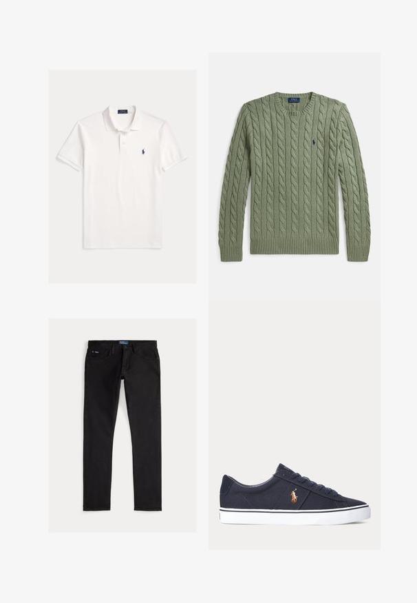 Groene kabelgebreide trui met ronde hals, geribbelde manchetten en zoom, en een klein geborduurd logo op de borst. Gestructureerd en van gemiddelde dikte.; Wit Polo Ralph Lauren overhemd met korte mouwen, kraag, twee knoopsgaten en klein marineblauw geborduurd paardenlogo op de linkerborst.; Zwarte denim jeans met een slim fit, voorzien van vijf zakken, riemlussen en een blauw merkembleem op de tailleband. Glad, duurzaam materiaal.; Donkerblauwe lage sneaker met witte zool, donkerblauwe veters en een klein geborduurd polo-spelerlogo aan de zijkant.