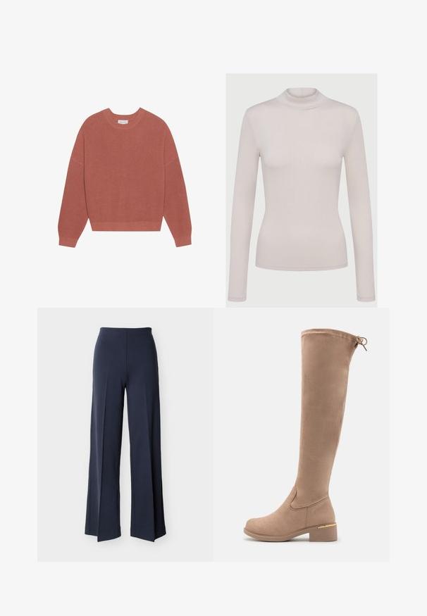 Oversized, ribkovaný sveter v tlmenom ružovom odtieni, s klasickým výstrihom, dlhými rukávmi a priliehavým lemom. Vyrobený z mäkkej, textúrovanej pleteniny.; Svetlo béžový dlhý rukáv rolák vyrobený z mäkkého, elastického materiálu. Úzky strih s rebrovanou textúrou a štandardnými manžetami.; Tmavomodré široké nohavice so bočnými rozparkami, vysokým pásom a hladkým predným dielom, zobrazené na bielom pozadí.; Béžové semišové čižmy po kolená s okrúhlou špičkou, blokovým podpätkom a jemným zlatým akcentom na podpätku. Hladká textúra s priliehavým dizajnom.