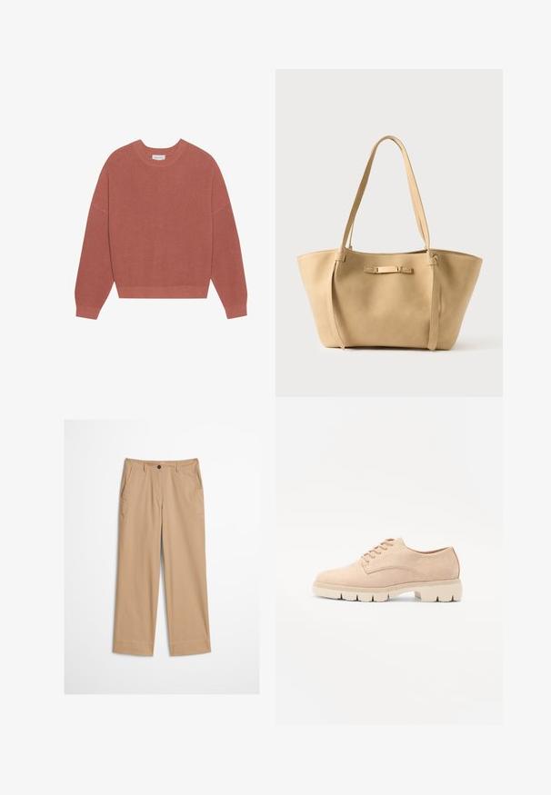 Overdimensioneret, ribbet sweater i afdæmpet pink, med rund hals, lange ærmer og en tætsiddende kant. Fremstillet af et blødt, struktureret strikstof.; Beige bomuldsbukser med lige ben, knaplukning foran og en glat tekstur. Har standard bærestropper og flad frontdesign.; Beige ruskind snørebåndssko med rund tå, tekstureret overdel og en kraftig, cremefarvet gummisål med udtalt mønster for godt greb.; Beige lædernettaske med to lange stropper, glat tekstur og en diskret metalaccent på forsiden. Åben topdesign, rummeligt indre.