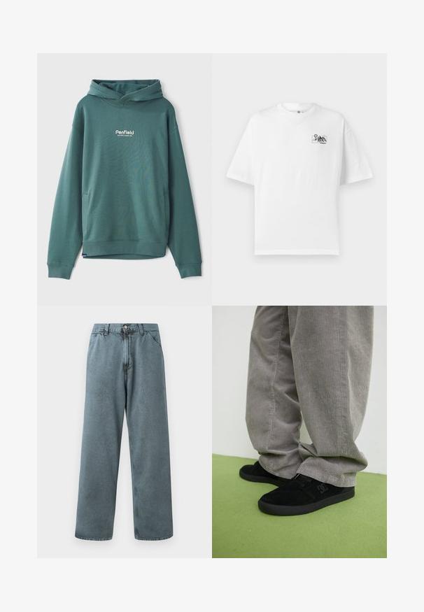 Sudadera verde con capucha, fabricada en una mezcla de algodón, que cuenta con un bolsillo delantero, puños acanalados y un logo blanco bordado en el pecho.; Camiseta de algodón blanca con un corte relajado, que presenta un pequeño gráfico negro de montaña y un diseño de sol en el área del pecho izquierdo.; Pantalones de mezclilla de color azul claro con un ajuste recto, que cuentan con un cierre clásico de botón y un diseño de cinco bolsillos. Textura suave y detalles de costura mínimos.; Zapatillas de skate de ante negro con un acabado texturizado y un logo, combinadas con pantalones de pana gris con una textura acanalada. Superficie del suelo en verde.