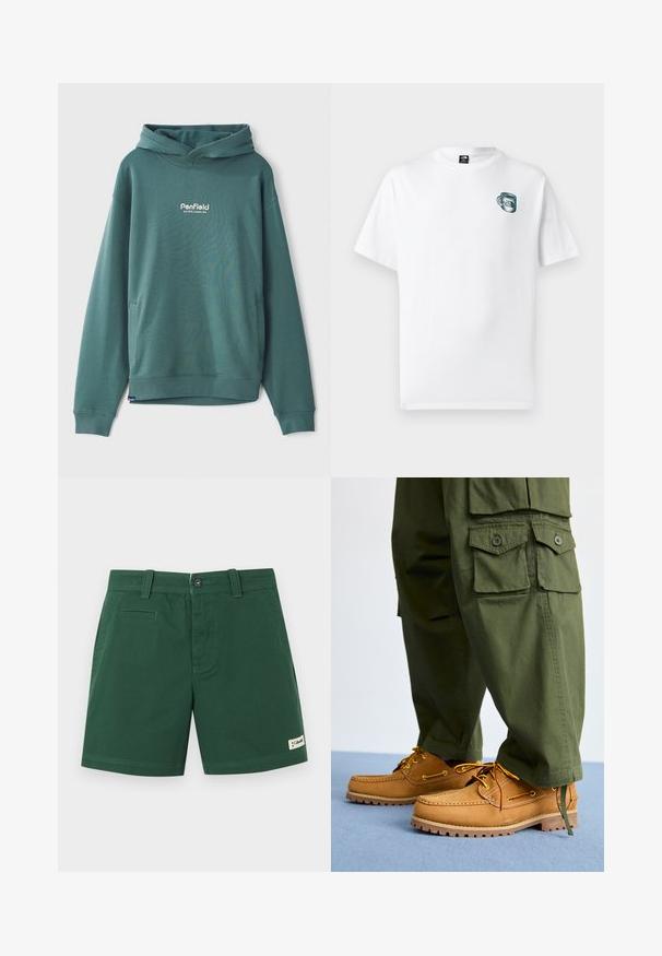 Sweatshirt à capuche verte en tissu mélangé de coton, doté d'une poche avant, de poignets côtelés et d'un logo blanc brodé sur la poitrine.; T-shirt blanc à manches courtes avec un petit motif de tasse verte et le logo "The North Face" sur la poitrine gauche.; Shorts longs jusqu'au genou de couleur vert foncé avec passants pour ceinture, fermeture à bouton et à glissière, poches latérales, et un petit patch logo sur l'ourlet.; Timberland AUTHENTIC 3 EYE - Chaussures bateau - wheat