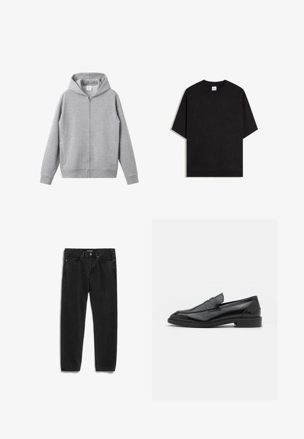 Grijze zip-up capuchontrui gemaakt van zachte stof. Heeft een eenvoudig ontwerp, zakken aan de voorkant en geribbelde boorden en zoom.; Zwart T-shirt met korte mouwen en een geribde kraag en zoom, effen voorkant, gepresenteerd op een witte achtergrond.; Zwarte spijkerbroeken van denim met een rechte pijp, voorzien van vijf zakken, een rits aan de voorkant en een metalen knoopsluiting. Zachte textuur en minimale details.; Zwarte leren instappers met een gladde afwerking, voorzien van een ronde neus en een smalle band over de bovenkant. Lage gestapelde hak.