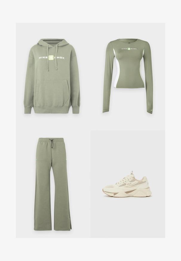 Sweat à capuche vert avec poche kangourou, capuche à cordon de serrage et logo Nike Shox blanc sur la poitrine. Tissu lisse, coupe décontractée, poignets côtelés.; Haut Nike Shox vert olive à manches longues avec panneaux latéraux blancs et accents vert néon, coupe ajustée, et petit logo swoosh sur le bord de la manche.; Pantalon de survêtement vert olive à jambes larges avec ceinture élastique et cordon de serrage noir, arborant un petit logo vert néon sur la cuisse gauche.; Sneaker FILA crème et beige avec des panneaux en mesh, semelle épaisse et design à lacets, vue de côté sur un fond uni.