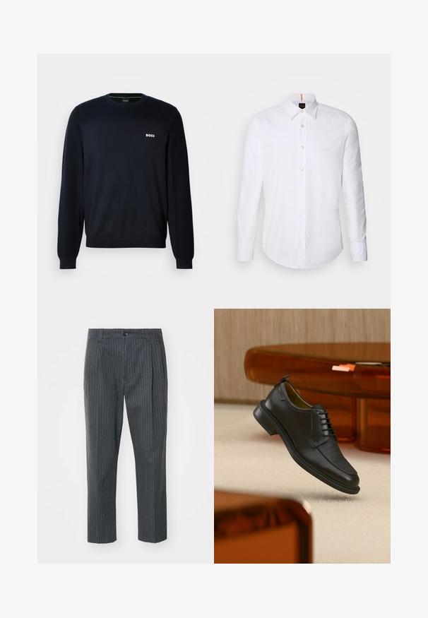 Tumed sinine pikkade varrukatega crewneck-sviiter, millel on soonikilised mansetid ja alläär, ning vasakul rinnal väike valge "BOSS" logo.; Valge pikakä sleeve'iga nööbitav särk, valmistatud puuvillast, klassikalise kraega, kerge logoga rinna lähedal ja valged nööbid.; Halli riba pöidla pükstest, sirge lõikega, nupuga lukuga ja sileda kangatekstuuriga. Kohandatud sobivus koos voldikute jaotusega.; Mustast nahast pitsidega kleitking tekstureeritud esiosaga, hõljumas beeži vaiba kohal moodsas toas, millel on merevaigutoonilised mööbliesemed.