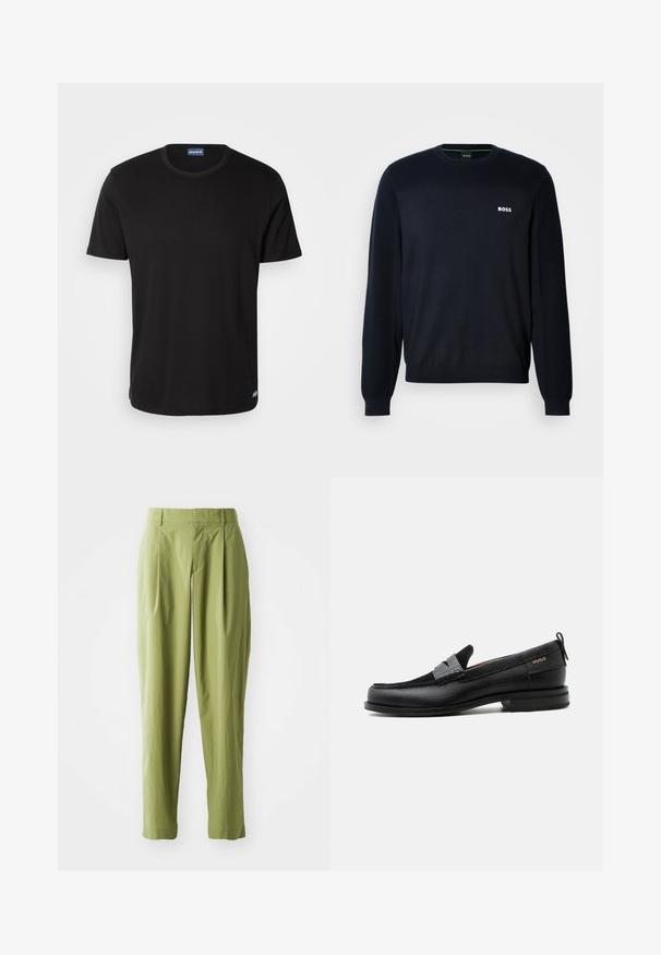 Dunkelblaues langärmeliges Crewneck-Sweatshirt mit gerippten Bündchen und Saum, ausgestattet mit einem kleinen weißen "BOSS"-Logo auf der linken Brust.; Schwarzes T-Shirt mit kurzen Ärmeln aus Baumwolle, mit rundem Halsausschnitt und einem kleinen Logotag am Saum. Glatte Textur, reguläre Passform.; Hellgrüne Hose aus einem strukturierten Stoff, mit geradem Schnitt, Falten an der Vorderseite und einem normalen Bund.; Schwarzer Lederloafer mit grauem Riemendetail, niedrigem Absatz und strukturierter Sohle, seitlich mit „HUGO“ in Gold gebrandmarkt.