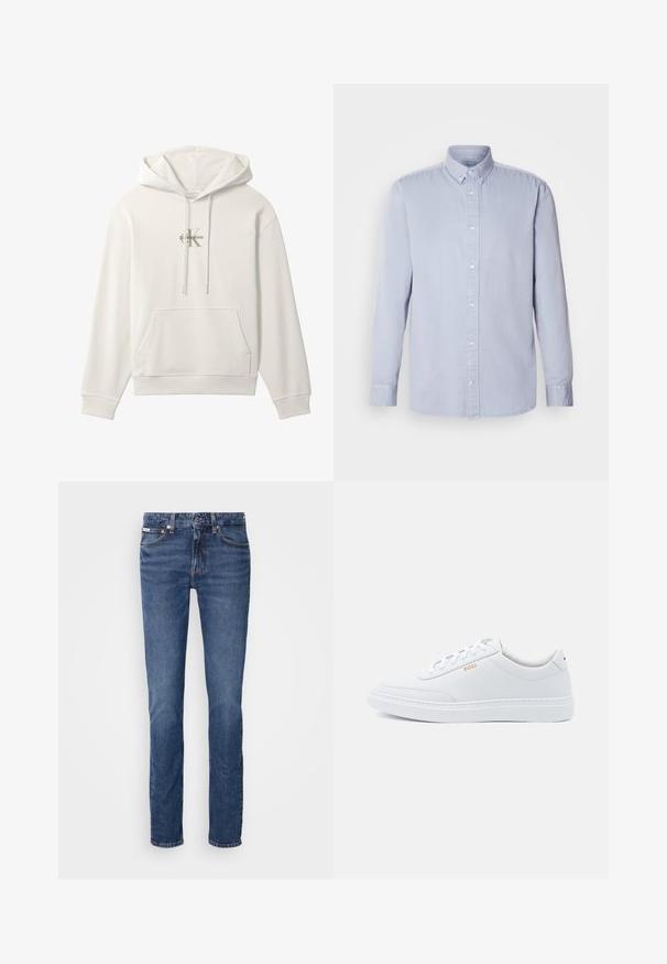 Biela mikina s kapucňou, predným vreckom a šnúrkami, so malým logom Calvin Klein v strede hrudníka.; Svetlomodrá dlhá rukávová košeľa s gombíkmi vyrobená z bavlny s jemnou textúrou, s klasickým golierom a prednými gombíkmi.; Modré denimové džínsy so strihom rovného nohavice, ktoré majú klasické rozmiestnenie piatich vreciek a medené kovové doplnky na páse a vreckách.; Biele kožené tenisky s hladkým povrchom, zaoblenou špičkou a tónovým prešívaním. Obsahujú modré šnúrky a zlaté logo na boku.