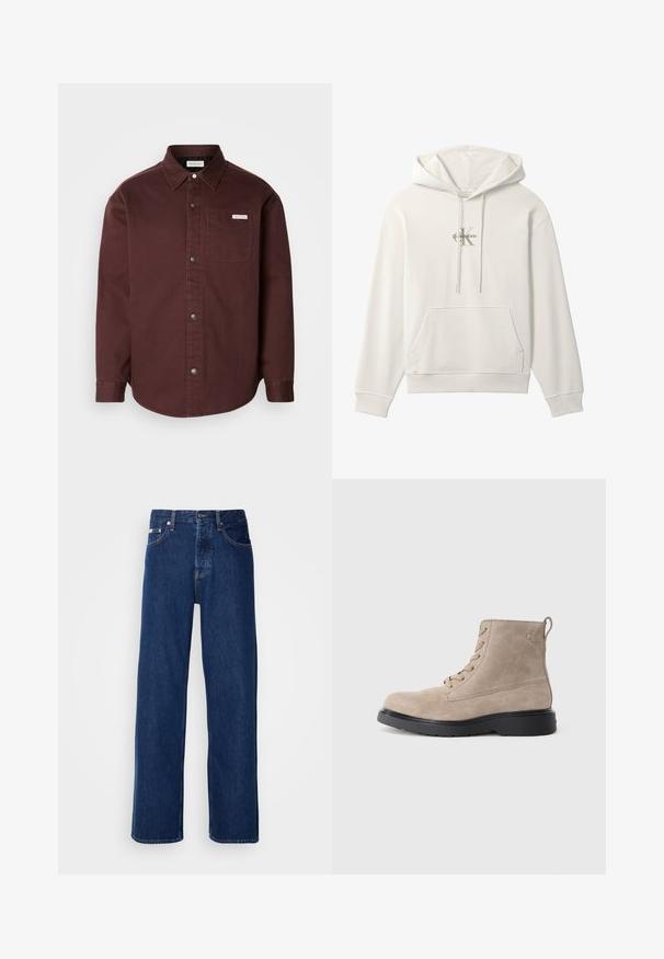 Sweat à capuche blanc avec poche avant et cordons, avec un petit logo Calvin Klein au centre de la poitrine.; Chemise boutonnée bordeaux en tissu coton, avec un col, des manches longues, une poche poitrine et une étiquette logo discrète sur la poche.; Jean en denim bleu foncé avec un design à jambes larges, doté d'une fermeture à bouton et d'un style à cinq poches classique. Le tissu a une texture lisse.; Bottines en daim beige avec semelle en caoutchouc noir, design à lacets, et un petit logo embossé sur le côté, avec une languette à l'arrière.