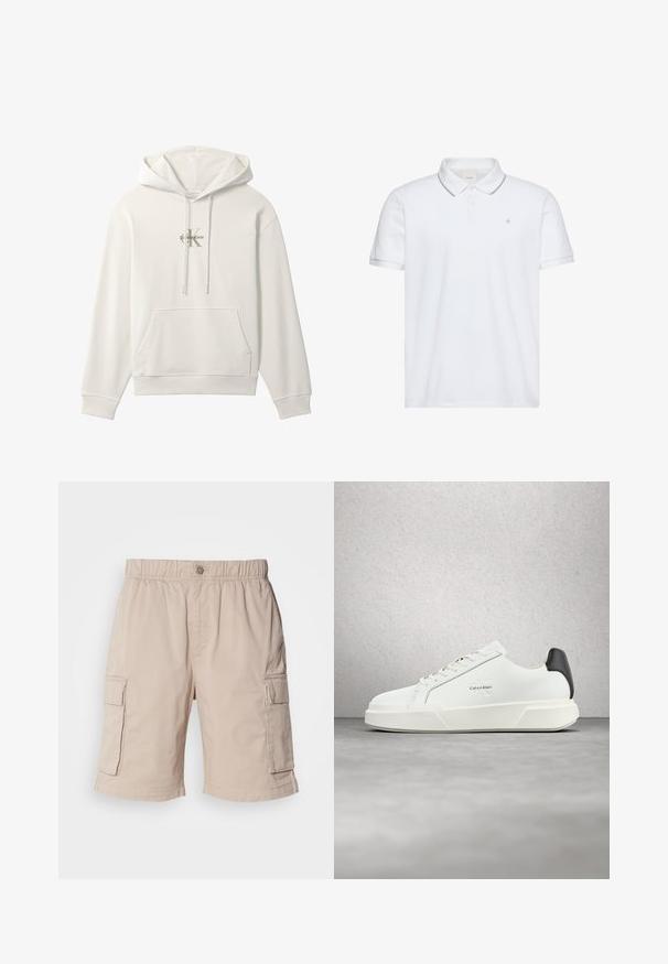 Hvid hættetrøje med frontlomme og snore, med et lille Calvin Klein-logo i midten af brystområdet.; Hvid kortærmet polo med to-knaps lukning, grå kant på krave og ærmekanter samt lille "ck" logo broderet på brystet.; Beige cargo shorts med elastisk talje, knaplukning, to sidelommer og ekstra lommer på lårene. Letvægtsstof.; Hvide sneakers med en glat læderoverdel, flade snørebånd og en forhøjet hvid sål. Har en sort detalje ved hælen og et præget logo.