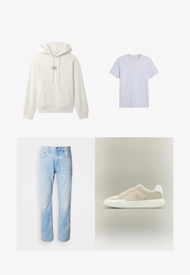 Biela mikina s kapucňou, predným vreckom a šnúrkami, so malým logom Calvin Klein v strede hrudníka.; Jednoduché svetlošedé tričko s krátkym rukávom a okrúhlym výstrihom s malým bielym logom Calvin Klein na ľavej strane hrudníka.; Svetlomodré džínsy s rovnými nohavicami, s vybledlými časťami, dizajnom s piatimi vreckami a klasickým zapínaním na gombíky.; Béžová nízka teniska s hrubou bielou podrážkou, šnúrkami, bielou pätovou časťou a nenápadným logom CK na bočnom paneli.