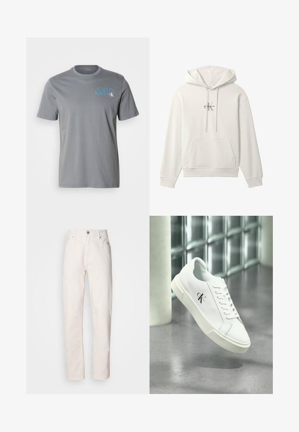 Hvid hættetrøje med frontlomme og snore, med et lille Calvin Klein-logo i midten af brystområdet.; Grå bomulds t-shirt med rund hals, korte ærmer, med blå "CALVIN KLEIN" tekst trykt på venstre side. Glat tekstur.; Hvide denim jeans med lige ben, med knap- og lynlåslukning, bæltestropper samt for- og baglommer, præsenteret på en ensfarvet baggrund.; Hvid Calvin Klein sneaker med snørebånd, vist svævende over en poleret betongulv og en baggrund af glasblokke.