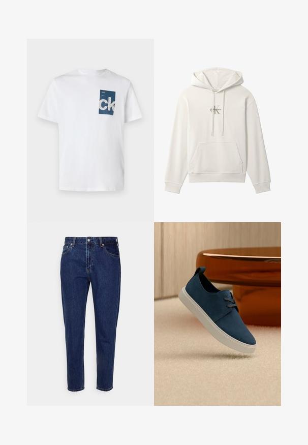Sudadera blanca con capucha, bolsillo delantero y cordones, con un pequeño logo de Calvin Klein en el centro del pecho.; Camiseta de algodón blanca con un bolsillo rectangular azul que presenta el logo "ck" en blanco y detalles en texto. Mangas cortas, cuello redondo, ajuste regular.; Vaqueros de mezclilla azul oscuro de corte recto, con cierre frontal de botón y cremallera, trabillas para cinturón y bolsillos delanteros y traseros.; Zapatilla de ante azul oscuro con suela blanca, cierre de cordones y tira para tirar, situada sobre una alfombra beige cerca de una mesa marrón brillante.