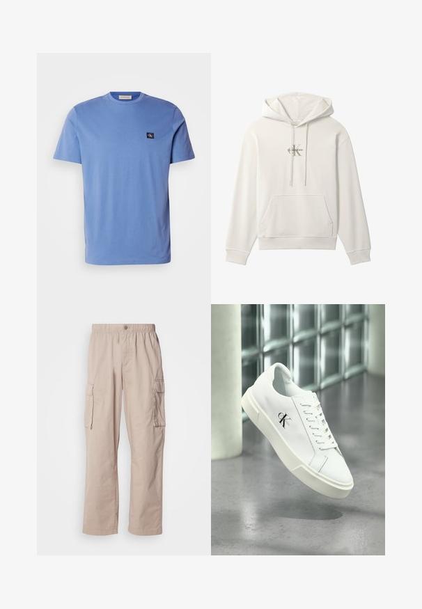 Hvid hættetrøje med frontlomme og snore, med et lille Calvin Klein-logo i midten af brystområdet.; Lyseblå bomulds t-shirt med korte ærmer og rund hals, prydet med et lille mørkeblåt logo-patch på venstre bryst. Glat tekstur.; Beige cargo bukser med en afslappet pasform, elastisk talje, knaplukning og sidelommer. Fremstillet af letvægtsmateriale med en glat tekstur.; Hvid Calvin Klein sneaker med snørebånd, vist svævende over en poleret betongulv og en baggrund af glasblokke.