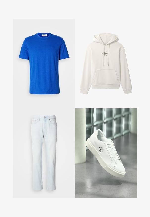 Witte capuchonsweatshirt met voorzak en trekkoorden, met een klein Calvin Klein-logo in het midden van de borst.; Blauw crewneck t-shirt van katoen, met korte mouwen en een subtiel logo op de borst, weergegeven op een witte achtergrond.; Lichtblauwe denim jeans met een rechte pijp. Voorzien van een knoopsluiting en riemlussen, met een vervaagde textuur en minimale stiksels.; Witte Calvin Klein sneaker met veters, zwevend getoond boven een gepolijste betonnen vloer en een achtergrond van glasblokken.