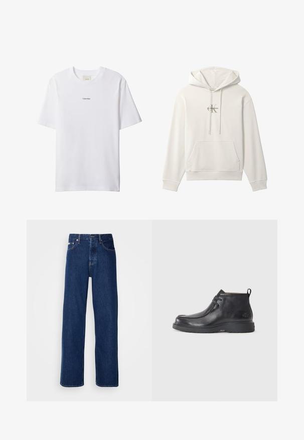 Hvid hættetrøje med frontlomme og snore, med et lille Calvin Klein-logo i midten af brystområdet.; Hvid bomuld t-shirt med rund hals og korte ærmer. Har en lille sort "Calvin Klein"-logo centreret på brystet.; Mørkeblå denimjeans med et bredt ben-design, der har en knaplukning og klassisk fem-lomme styling. Stoffet har en glat tekstur.; Sorte læder ankelstøvler med rund tå, snørelukning og en løkke bagpå. Tekstureret overdel og gummisål.