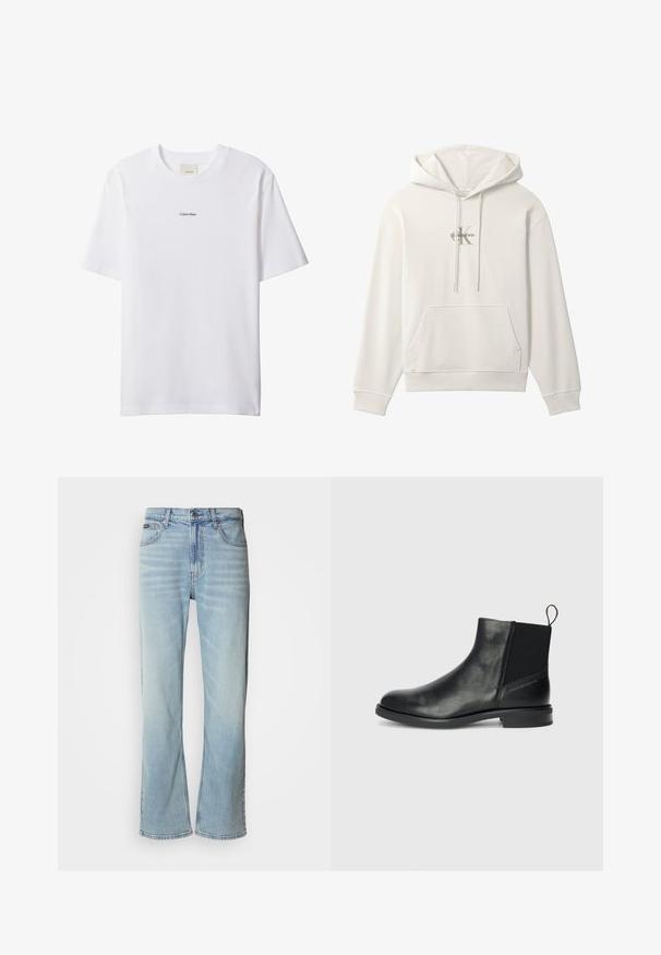 Hvid hættetrøje med frontlomme og snore, med et lille Calvin Klein-logo i midten af brystområdet.; Hvid bomuld t-shirt med rund hals og korte ærmer. Har en lille sort "Calvin Klein"-logo centreret på brystet.; Lyseblå denimjeans med lige ben, der har fem lommer, knaplukning og en subtil falmning på stoffet.; Sorte læder ankelstøvler med elastiske sidepaneler, rund tå, lav blokhæl og en strop bagpå for nem påtagning.