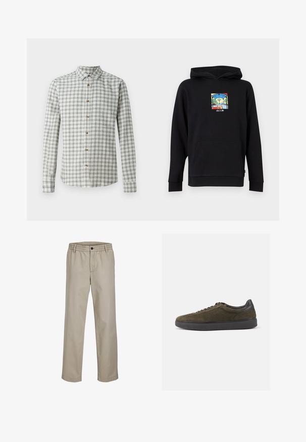 Schwarzer Kapuzenpullover mit Fronttasche und farbenfroher Grafik einer U-Bahn-Station unter einem gewölbten Glasdach.; Langärmliges kariertes Hemd in Weiß und Marineblau, mit einem Knopfkragen und Holzknöpfen, ganz in einem karierten Muster.; Beige, gerade geschnittene Hose mit elastischem Bund, Knopfverschluss und Gürtelschlaufen aus glattem, leichtem Stoff.; Olivgrüne Wildleder-Sneaker mit schwarzen Lederakzenten und Schnürsenkeln, die eine strukturierte Oberfläche und eine dicke schwarze Gummisohle aufweisen.