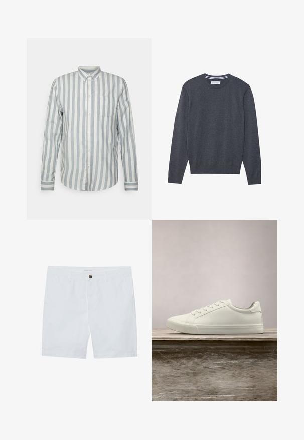 Grå strikket sweater med rund hals, lange ærmer og ribbede manchetter. Har en subtil tekstur og et mærke ved halsudskæringen.; Knapp-up skjorte i lyseblå og off-white striber. Har en klassisk krave, lange ærmer og en brystlomme. Blødt stof, afslappet pasform.; Hvide bomulds-shorts med en frontknaplukning, to sidelommer og lige pasform. Brandskilt "Pier One" ved taljen.; Hvide snørresneakers svævende over en træbænk med grønne planter i baggrunden, der fremhæver skodesign og tekstur.