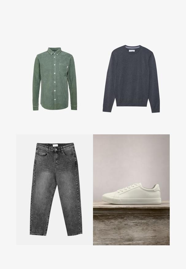 Pull en tricot gris avec un col rond, des manches longues et des poignets côtelés. Présente une texture subtile et une étiquette au niveau du col.; Chemise en velours côtelé vert avec un col boutonné, des manches longues, une poche sur la poitrine gauche et des boutons blancs. Finition texturée.; Jean noir délavé à jambe droite avec poches avant et arrière, passants de ceinture et bouton de fermeture à la taille.; Sneaker en dentelle blanche flottant au-dessus d'un banc en bois avec un feuillage vert en arrière-plan, mettant en valeur le design et la texture de la chaussure.