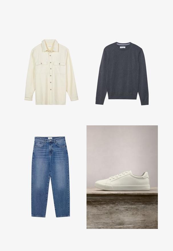 Pull en tricot gris avec un col rond, des manches longues et des poignets côtelés. Présente une texture subtile et une étiquette au niveau du col.; Chemise boutonnée de couleur crème en tissu doux. Elle comporte deux poches poitrine, un col et des boutons marron. Manches longues standard.; Jean en denim bleu avec une taille haute, une coupe droite et une finition délavée. Comprend cinq poches et une fermeture à bouton.; Sneaker en dentelle blanche flottant au-dessus d'un banc en bois avec un feuillage vert en arrière-plan, mettant en valeur le design et la texture de la chaussure.