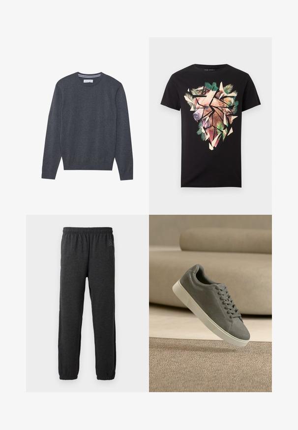 Grå strikket sweater med rund hals, lange ærmer og ribbede manchetter. Har en subtil tekstur og et mærke ved halsudskæringen.; Sort kortærmet skjorte med et fragmenteret geometrisk design af et brølende brunt bjørnehoved omgivet af fyrrekviste og kogler.; Grå sweatpants lavet af blødt stof, med elastisk talje og indsnævrede ben med elastiske manchetter. Subtilt logo detalje på det ene ben.; Grå ruskindssneaker med hvid sål og snørebånd svæver over et tekstureret beige tæppe i et rum med neutrale toner.