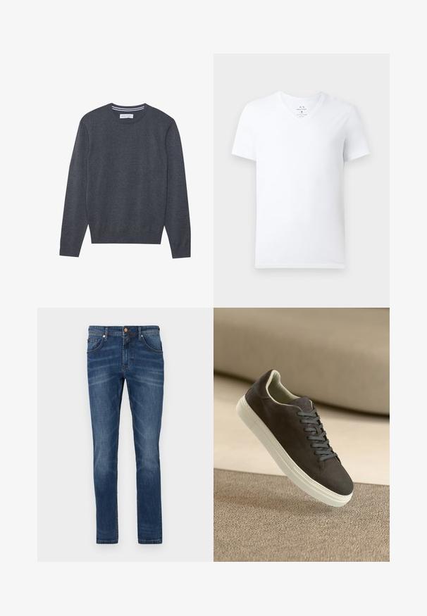 Grijze gebreide trui met een ronde hals, lange mouwen en ribgebreide manchetten. Heeft een subtiele textuur en een label bij de hals.; Witte katoenen T-shirt met korte mouwen en V-hals, met het Armani Exchange-label aan de binnenkant van de kraag, weergegeven op een effen achtergrond.; Donkerblauwe denim jeans met een rechte pijp, vijf zakken, subtiele vervaging, contrasterende stiksels en een knoopsluiting in de taille.; Donkergrijze suede sneaker met bijpassende veters en witte rubberen zool, geplaatst boven een gestructureerd beige oppervlak met een zachte achtergrond.