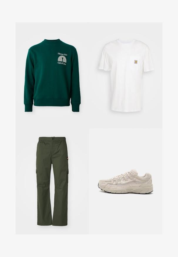 Roheline dressipluus kõrge kaelusega, soonikkoes varrukaäärtega ja esiküljel logodega "Ellesse 1959" ja "Club di Corsa".; Valge puuvillane t-särk lühikeste varrukatega, rindade taskuga ja taskul väike ruudukujuline logo kleebis oranžis ja valges.; Oliivroheline cargo püksid nup closure'iga, elastse vööümbrise ja küljetaskutega, valmistatud kergest kangast, millel on sile tekstuur.; Beežid sportjalatsid, millel on võrkpaneel, pehme krae ja kummist tald. Omab voolujoonelist disaini ja nööridega kinnitust koos diskreetse brändingu tähistamisega.
