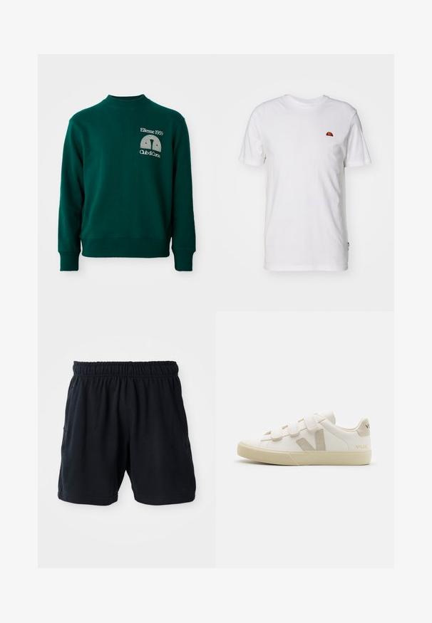 Groene trui met een hoge hals, geribbelde manchetten en een logo met de tekst "Ellesse 1959" en "Club di Corsa" aan de voorkant.; Witte katoenen t-shirt met korte mouwen en een ronde hals. Bevat een klein kleurrijk logo op de linkerkant van de borst. Zachte textuur.; Zwarte sportshorts van zachte stof, met een elastische tailleband en twee zijzakken voor gemak.; Witte leren sneakers met klittenbandsluitingen, beige accenten, ronde neus, gestructureerde rubberen zool en reliëflogo. Minimalistisch ontwerp.