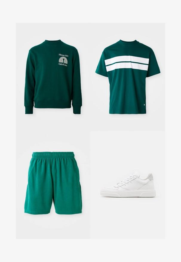 Sudadera verde con cuello alto, puños acanalados y un diseño de logo que muestra "Ellesse 1959" y "Club di Corsa" en el frente.; Camiseta de algodón en color azul verdoso con cuello redondo, mangas cortas y rayas horizontales blancas en el pecho. Ajuste ligeramente relajado.; Bermudas de algodón verdes con cintura elástica, bolsillos laterales y dobladillo cosido. Textura suave con un ajuste relajado y casual.; Zapatillas de cuero blanca con un acabado suave, punta redondeada, cordones planos y una suela texturada. Acento de ante gris en el talón.