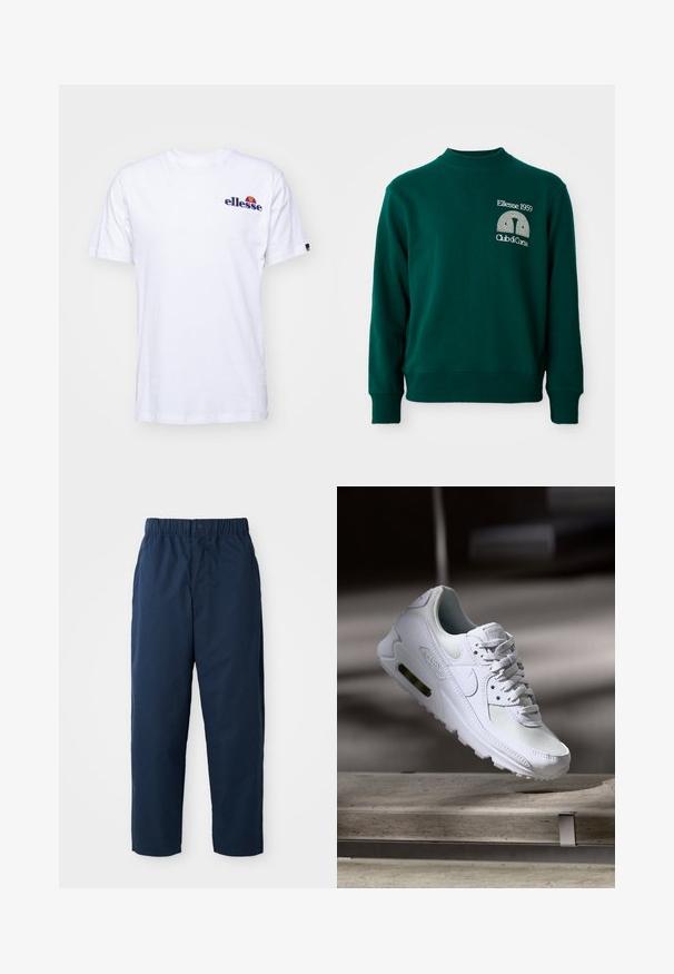 Groene trui met een hoge hals, geribbelde manchetten en een logo met de tekst "Ellesse 1959" en "Club di Corsa" aan de voorkant.; Witte katoenen T-shirt met korte mouwen, voorzien van een marineblauw geborduurd logo op de linkerborst en een levendige kleurenaccent boven het logo.; Navy blauwe broek van soepel materiaal, met een elastische tailleband en een knoop, rechte pijpen en zonder zichtbare patronen of accessoires.; Witte Nike Air Max 90 sneaker met een bovenwerk van mesh en leer, een geperforeerde teenbox en een zichtbare luchtunit in de hiel.