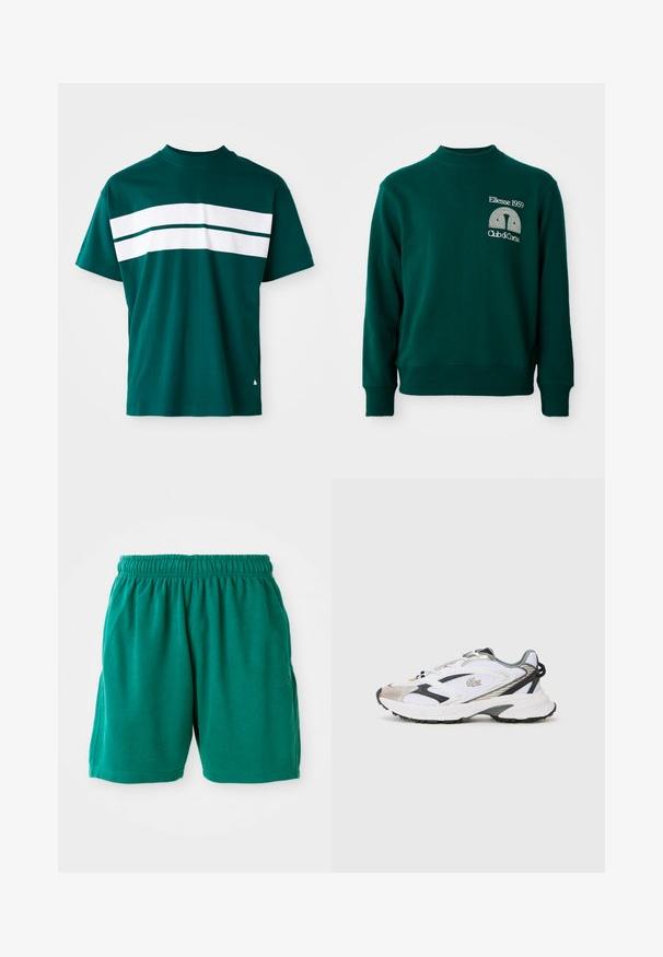 Vihreä collegepaita korkealla kauluksella, resorireunuksilla ja etupuolella logolla, jossa lukee "Ellesse 1959" ja "Club di Corsa".; Teal t-paita, jossa on pyöreä kaula-aukko, lyhyet hihat ja vaaleita valkoisia vaakaraitoja rinnan kohdalla. Hieman rento malli.; Vihreät puuvillahousut, joissa on joustava vyötärö, sivutaskut ja ommeltu helma. Sileä pinta ja rento, mukava istuvuus.; Valkoinen urheilushoe, jossa on hopea- ja mustat yksityiskohdat, verkkokangasta yläosassa, teksturoitu pohja ja virtaviivainen muotoilu, jossa on logo sivussa.