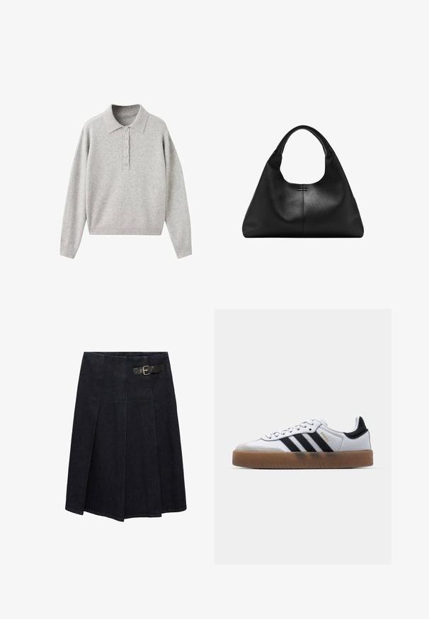 Pull polo en cachemire gris avec col à revers, patte de boutonnage et poignets et ourlet côtelés. Texture douce, coupe décontractée.; Jupe en denim foncé avec une taille ajustée, détail de boucle sur le côté, design plissé et une silhouette légèrement évasée. Coutures décoratives sur l'ensemble.; Baskets en cuir blanc avec des rayures noires, semelle extérieure en caoutchouc beige, bout rond, fermeture lacée et embout en suède gris doux.; Sac à main en cuir noir texturé avec une base large et des anses épaisses et arrondies, présentant une couture verticale centrale et des détails de surpiqûres subtils.