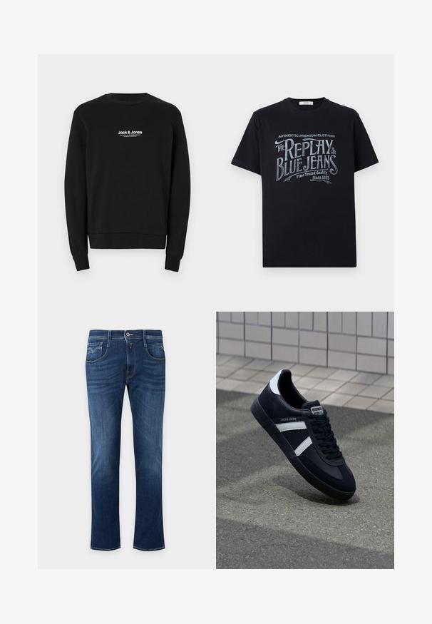 Schwarzer Sweatshirt aus Baumwolle, mit Rundhalsausschnitt, gerippten Bündchen und weißem Logo-Text auf der Brust. Weicher Stoff, normale Passform.; Schwarzes Baumwoll-T-Shirt mit kurzen Ärmeln und rundem Halsausschnitt, mit einem grafischen Textdesign im Vintage-Stil in Weiß und hellblau auf der Vorderseite.; Dunkelblaue Straight-Leg-Jeans mit vorderem Knopf, Reißverschluss und Fünf-Taschen-Design.; Schwarze Leder-Sneaker mit weißen Streifen, strukturiertem Gummisohle und Schnürung. Verfügt über ein Markenetikett auf der Zunge.