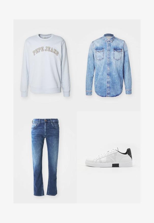 Helles Blaues Sweatshirt aus Baumwollmischung. Mit gerippten Bündchen und Saum, mit dem Aufdruck "PEPE JEANS" in einem geschwungenen Design über der Brust.; Hellblaues Denimhemd mit langen Ärmeln, Button-Down-Kragen, zwei Brusttaschen und kontrastierenden Nähten. Abgerundeter Saum und klassische Passform.; Dunkelblaue Jeans aus Denim mit geradem Bein, ausgestattet mit fünf Taschen, einem braunen Knopfverschluss und dezenten hellen Verfärbungen an den Oberschenkeln.; Weiße Leder-Sneaker mit durchbrochenem Design, schwarzem Fersenakzent und Zwischensohle. Verfügt über eine runde Zehenpartie und ein Schnürsystem mit sechs Ösen.