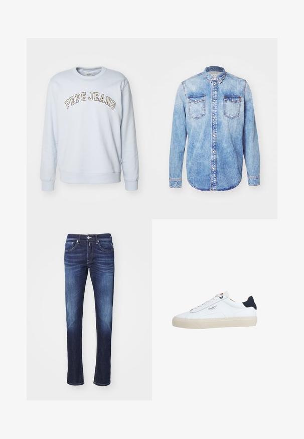 Heledad sinine puuvillasegu kangast dressipluus. Omab ribadega mansette ja allerit, ning rinnal on kaarekujuline "PEPE JEANS" trükis.; Heled sinine teksajakk pikkade varrukatega, nööpidega krae, kaks rinnataskut ja kontrastõmblemine. Ümar alläär ja klassikaline lõige.; Tumedat sinised teksapüksid sirge lõikega, viie taskuga, nupuga lukuga ja kergelt kulunud ilmega reite piirkonnas.; Valge madala säärega toss, beežide talladega, valgete paeltega, musta kandetükiga ja külje peal oleva "Pepe Jeans London" logo.