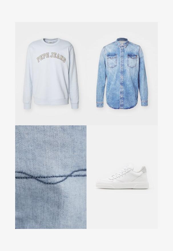 Svetlomodrá mikina vyrobená z bavlneného zmesi. Má rebrované manžety a spodný lem, s potlačou "PEPE JEANS" v zakrivenom dizajne na hrudi.; Svetlo modrá denimová košeľa s dlhými rukávmi, golierom na gombíky, dvoma náprsními vreckami a kontrastným prešívaním. Zaoblený lem a klasický strih.; Svetlomodrá denimová látka s viditeľným zakriveným švom. Textúra sa javí hladká, s konzistentným šitím tmavomodrou niťou.; Biele kožené tenisky s hladkým povrchom, zaoblenou špičkou, plochými šnúrkami a textúrovanou podrážkou. Sivý semišový akcent na päte.