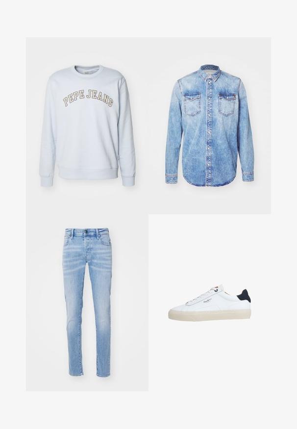 Helles Blaues Sweatshirt aus Baumwollmischung. Mit gerippten Bündchen und Saum, mit dem Aufdruck "PEPE JEANS" in einem geschwungenen Design über der Brust.; Hellblaues Denimhemd mit langen Ärmeln, Button-Down-Kragen, zwei Brusttaschen und kontrastierenden Nähten. Abgerundeter Saum und klassische Passform.; Helle blaue Denim-Jeans mit schlankem Schnitt, ausgestattet mit einem Fünf-Taschen-Design, Gürtelschlaufen und einem Knopfverschluss. Der Stoff hat eine weiche Textur.; Weißer Sneaker in niedriger Schnittform mit beiger Sohle, weißen Schnürsenkeln, schwarzem Fersenlasche und dem "Pepe Jeans London"-Logo an der Seite.