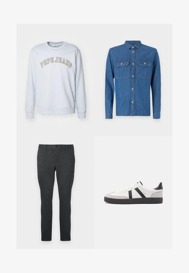 Sweat-shirt bleu ciel en mélange de coton. Présente des poignets et un ourlet côtelés, avec "PEPE JEANS" imprimé dans un design courbé sur la poitrine.; Chemise en denim bleu foncé, à manches longues avec des poignets à boutons, col pointu, deux poches poitrine et fermeture à boutons à l'avant avec quincaillerie dorée.; Pantalon gris foncé avec un motif texturé, coupe slim, taille standard avec un bouton unique, et jambes droites, conçu pour un look moderne.; Baskets blanches avec des accents noirs et gris, présentant un embout texturé gris, une semelle en caoutchouc noir et des lacets plats blancs. Design épuré, style minimaliste.