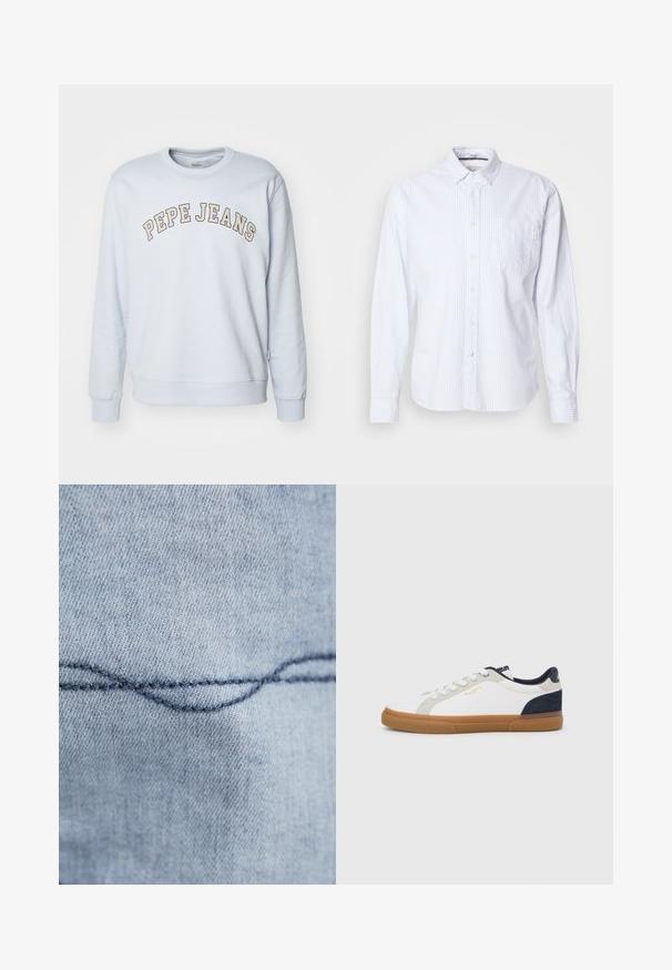 Svetlomodrá mikina vyrobená z bavlneného zmesi. Má rebrované manžety a spodný lem, s potlačou "PEPE JEANS" v zakrivenom dizajne na hrudi.; Biela dlhá košeľa s vertikálnymi svetlomodrými pruhmi. Dizajn na zapínanie s jedným vreckom na hrudi a malou značkovou nálepkou na vrecku.; Svetlomodrá denimová látka s viditeľným zakriveným švom. Textúra sa javí hladká, s konzistentným šitím tmavomodrou niťou.; Biele plátené tenisky s námorníckymi a sivými semišovými akcentmi. Majú podrážku z gumy, zaoblenú špičku a klasický šnurovací dizajn.