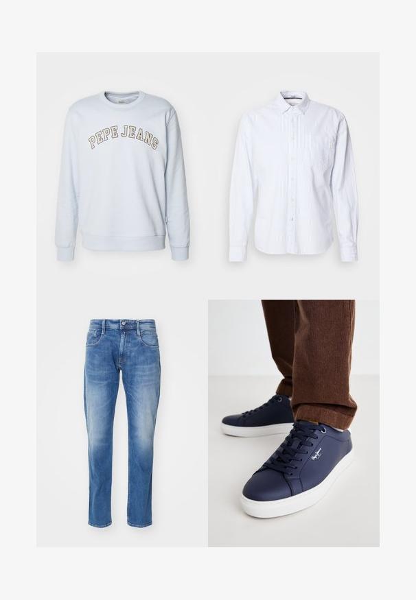 Lysblå sweatshirt lavet af en bomuldsblanding. Har ribbestrikkede manchetter og kant, med "PEPE JEANS" trykt i et buet design henover brystet.; Hvid skjorte med lange ærmer og lyseblå lodrette striber. Knappelukning med en enkelt brystlomme og et lille mærkeskilt på lommen.; Lys blå denim jeans med lige ben, fem-lomme design, subtil falmning, og en standart talje med knaplukning.; Marinlæder sneakers med hvid gummisål, rund tå og minimalistisk design. Har snørret front og diskret branding på siden.