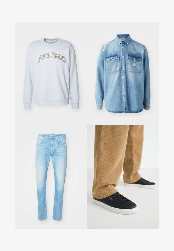Svetlomodrá mikina vyrobená z bavlneného zmesi. Má rebrované manžety a spodný lem, s potlačou "PEPE JEANS" v zakrivenom dizajne na hrudi.; Svetlomodrá denimová košeľa s dlhými rukávmi, siahajúcim golierom, dvoma náprsními vreckami a predným gombíkovým zapínaním. Obsahuje jemnú textúru tkaniny a detaily šitia.; Svetlomodré džínsy s rovnými nohavicami, ktoré majú dve predné vrecká a gombíkový zapínanie. Vyzerajú vyblednuto s jemnou textúrou.; Čierne kožené tenisky s bielymi gumovými podrážkami. Nosené s hnedými kordové nohavicami so zvislými ryhami a voľným strihom.