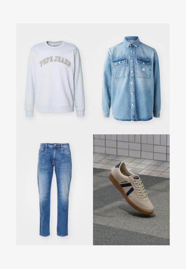 Vaaleansininen puuvillasekoitteinen collegepaita. Varustettu resoreilla hihansuissa ja helmassa, ja rinnassa on kaarimaisesti painettu "PEPE JEANS".; Vaaleansininen farkkupaita, jossa on pitkät hihat, pistekaulus, kaksi rintataskua ja etunappisuljenta. Ominaisuuksina hienovarainen kangastekstuuri ja ompelu yksityiskohdat.; Vaaleansiniset denim-farkut suoran lahkeen leikkauksella, viiden taskun mallilla, hienovaraisella kulumisella ja tavanomaisella vyötäröllä, jossa on nappisuljenta.; Beige lenkkarit tekstuuripinnalla, tummansinisin raidoilla ja kumipohjalla. Varustettu pehmustetulla kielellä ja perinteisellä nauhoitussysteemillä turvallisen istuvuuden takaamiseksi.