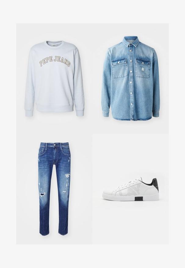 Helles Blaues Sweatshirt aus Baumwollmischung. Mit gerippten Bündchen und Saum, mit dem Aufdruck "PEPE JEANS" in einem geschwungenen Design über der Brust.; Hellblaues Denimhemd mit langen Ärmeln, Punktkragen, zwei Brusttaschen und Knopfverschluss vorne. Verfügt über eine dezente Stofftextur und Nähdetails.; Dunkelblaue Jeans aus Denim mit Rissen, Fünf-Taschen-Design und dezentem Ausbleichen. Gerade Passform mit sauberen Nähten.; Weiße Leder-Sneaker mit durchbrochenem Design, schwarzem Fersenakzent und Zwischensohle. Verfügt über eine runde Zehenpartie und ein Schnürsystem mit sechs Ösen.
