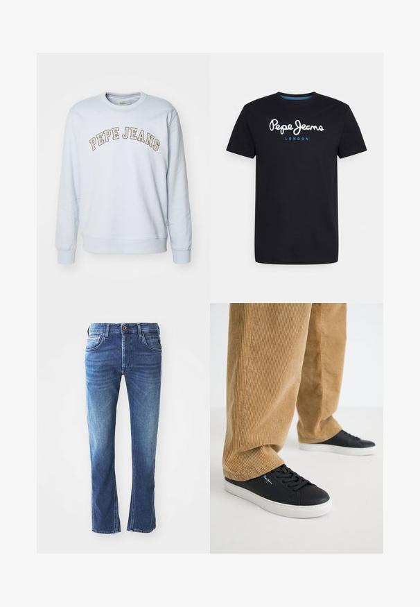 Helles Blaues Sweatshirt aus Baumwollmischung. Mit gerippten Bündchen und Saum, mit dem Aufdruck "PEPE JEANS" in einem geschwungenen Design über der Brust.; Schwarzes Baumwoll-T-Shirt mit einem weißen Schriftlogo "Pepe Jeans" und blauen Akzenten, Rundhals und kurzen Ärmeln. Einfaches, schlichtes Design.; Dunkelblaue Jeans aus Denim mit geradem Bein, ausgestattet mit fünf Taschen, einem braunen Knopfverschluss und dezenten hellen Verfärbungen an den Oberschenkeln.; Schwarze Ledersneaker mit weißen Gummisohlen. Getragen mit beigen Cordhosen, die vertikale Rippungen und eine lockere Passform aufweisen.