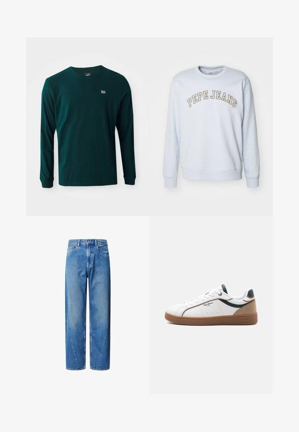 Lichtblauwe sweater van een katoenmix. Heeft ribgebreide manchetten en zoom, met "PEPE JEANS" in een gebogen ontwerp op de borst gedrukt.; Donkergroene katoenen T-shirt met lange mouwen, een ronde hals en een klein wit logo op de linkerkant van de borst. Gladde textuur, casual fit.; Lichtblauwe denim jeans met een hoge taille, wijde pijpen en schuin geplaatste zaknaden. Bevat vijf zakken en een knoopsluiting.; Witte lage sneaker met een bruine zool, groene en beige accenten, witte veters en het "Pepe Jeans London"-logo aan de zijkant.