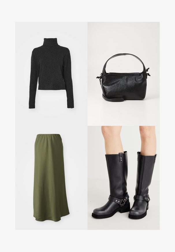 Must have mustahke helmed turtleneck sviiter pehmes, tekstuurses kangas, millel on pikad varrukad ja soonikkoes lisad kaeluses ja ääres.; Oliiviroheline, pahklaiuse seelik, mis on valmistatud pehmest kangast ja millel on elastne vöökoht; sile tekstuur ja lihtne, voolav disain.; Mustad mustad mustedega nahast põlvikud, millel on lai vars, rihmade detailid, hõbedane riistvaraga ja lame tald. Sile tekstuur kerge läikega.; Must mustrikujundusega must nahast käekott, ümarate pealmiste käepidemete ja eemaldatava õlalihaga. Omab siledat tekstuuri ja peent sära.