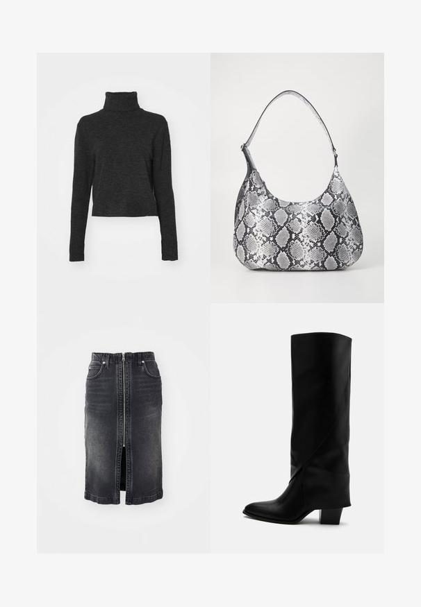 Zwarte, cropped coltrui van een zachte, gestructureerde stof met lange mouwen en ribbelaccenten bij de kraag en de zoom.; Zwarte denim rok met een ritssluiting aan de voorkant, twee zijzakken, een middelmatig lange snit en subtiele vervaging. Heeft een rechte snit en afgewerkte randen.; Hoge zwarte leren laars met schuine stiksels, puntige neus en stevige hak van gemiddelde hoogte op witte achtergrond.; Zwart-witte slangenprint schoudertas met een afgeronde vorm, een gladde textuur en een ronde strap. Voorzien van een zilveren hardwareaccent.
