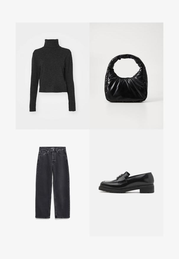 Zwarte, cropped coltrui van een zachte, gestructureerde stof met lange mouwen en ribbelaccenten bij de kraag en de zoom.; Zwarte denim jeans met een rechte pasvorm, voorzien van voorzakken, een knopenfly en subtiele vervaging op de stof.; Zwarte gepolijste leren instapper met een lage blokhak, gestikte neus en metalen gespdetail op de bovenkant, weergegeven in zijaanzicht op een witte achtergrond.; Zwarte gevoerde handtas met een ronde handgreep, met een gladde, glanzende oppervlakte en een zachte, gewatteerde textuur. Geen zichtbare metalen onderdelen of accenten.